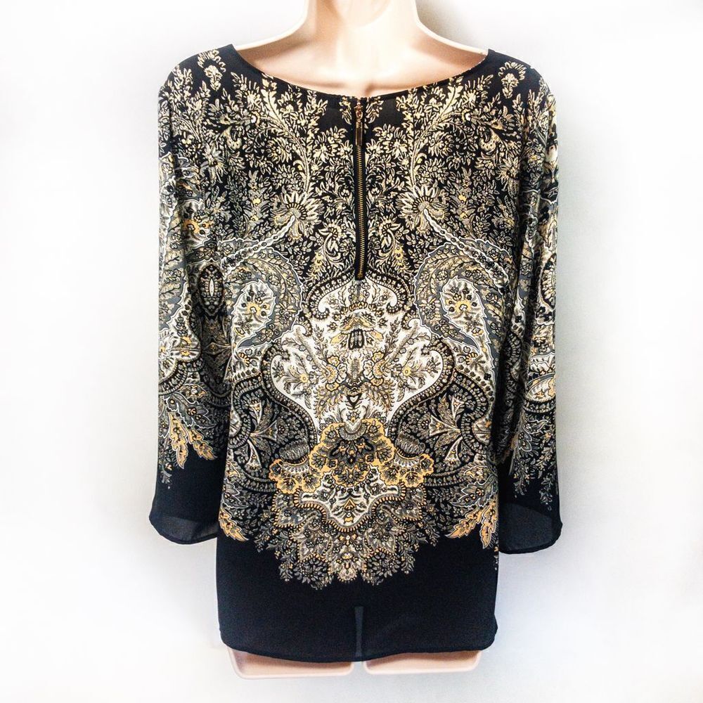 Rose & Olive Lightweight Black/Cream Baroque Print Blouse Sz M - Picture 4 of 11